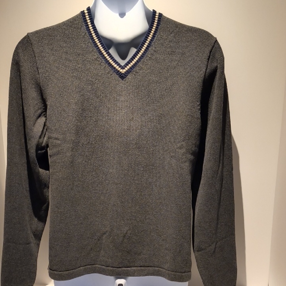 GAP Men's Charcoal V-Neck Sweater with Striped Collar Pullover Large